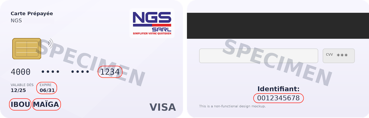 Exemple de carte : repérez les 4 derniers chiffres, la date d’expiration et l’identifiant.